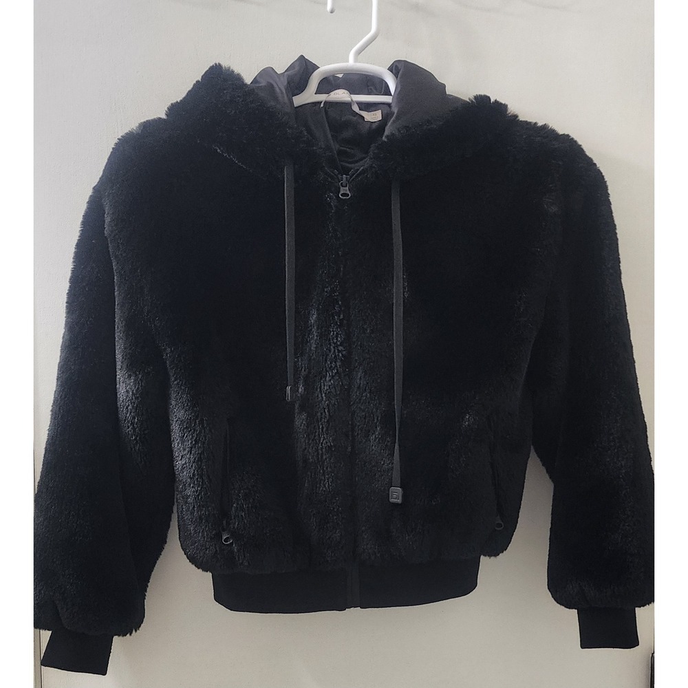 Blanc Noir Black Faux Fur Hooded Bomber Jacket BLJ03500‎ Womens XS